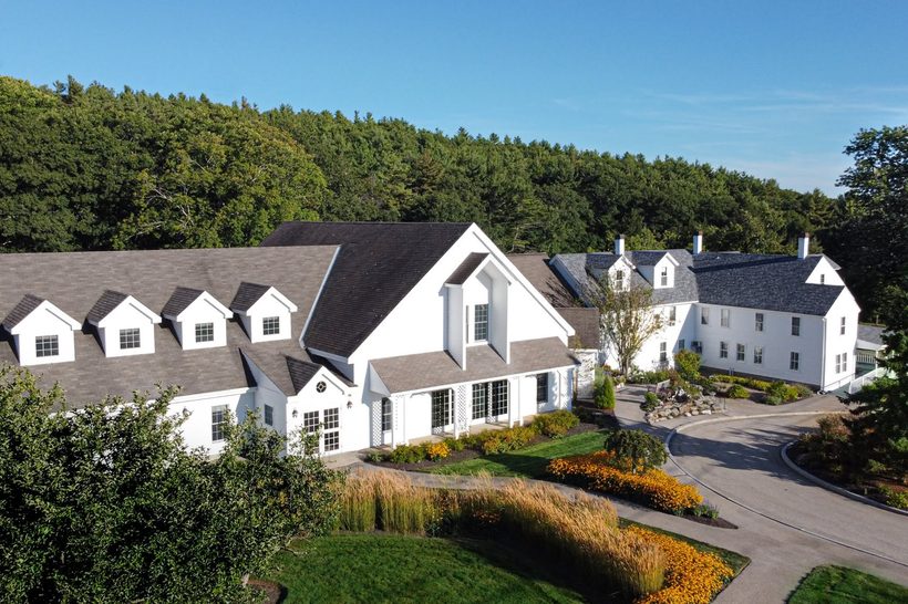 Aerial view of the barn and farmhouse at Harrington Farm in Princeton, Massachusetts